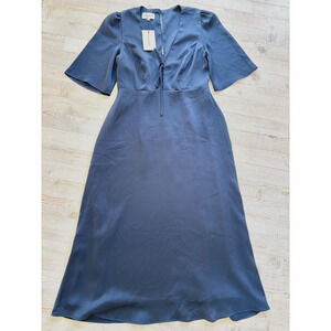 New Park & Fifth Kendal Tie Midi Dress Navy Bubble Satin Medium‎